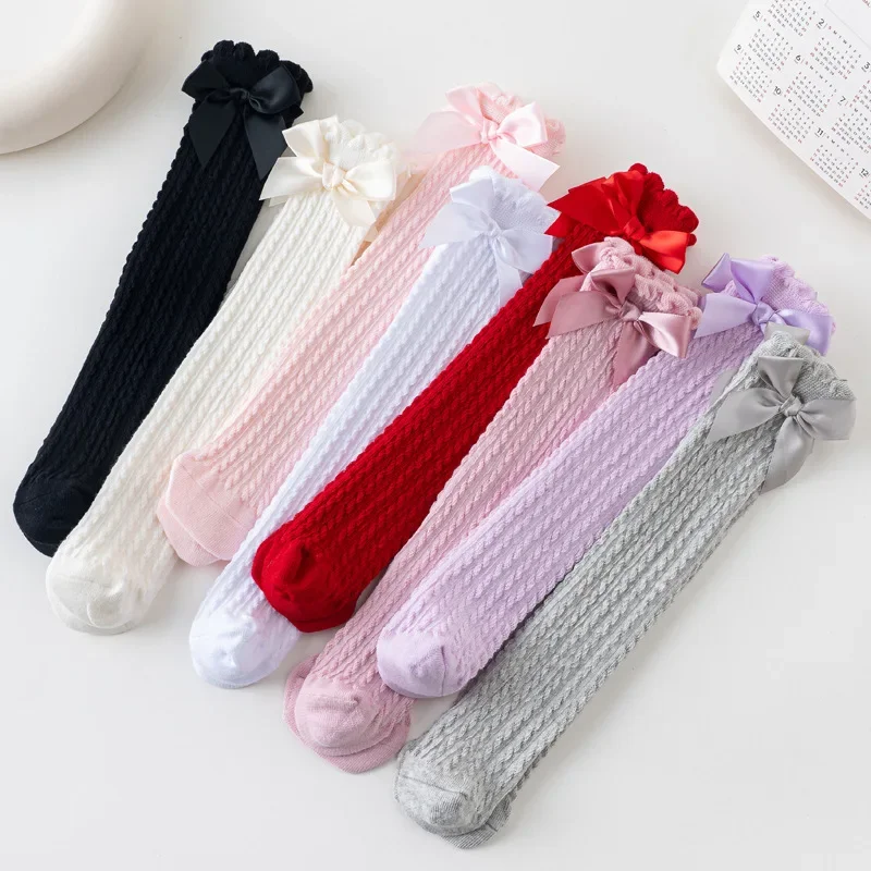 1-8 Years Kids Knee High Socks Baby Girls Boys Bow Long Sock Soft Cotton Mesh Breathable Children Hollow 4 5 6 7 Years Socks