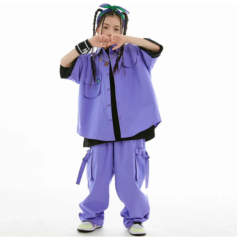 Kids Hip Hop Dance Costume Loose Overalls Purple Coat Pants Street Dance Clothing Boys Girls Jazz Drum Show Stage Clothes L10400