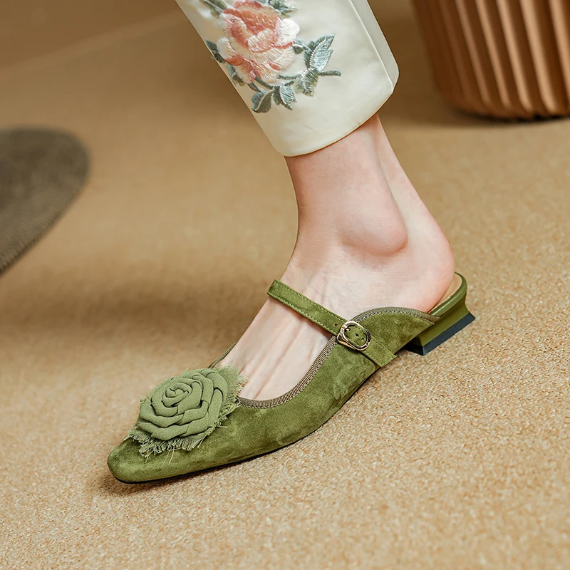 2024 NEW Summer Mules Women Sandals Shoes for Women Square Toe Low Heel Women Slippers Cover Toe Slingback Green Sandals