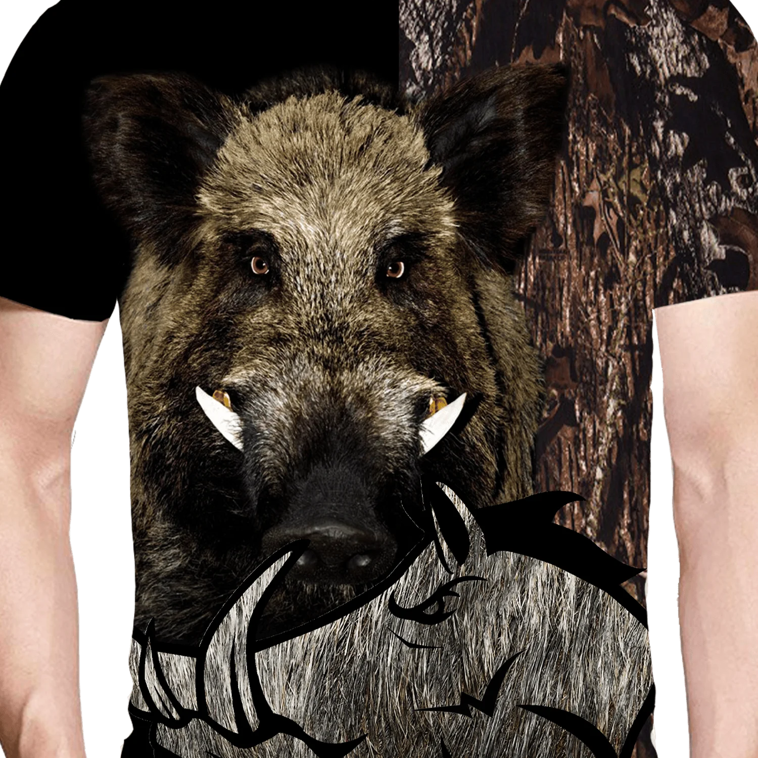 Camiseta masculina e feminina com estampa 3D de javali selvagem – Camiseta de manga curta de poliéster macio com design de camuflagem geométrica