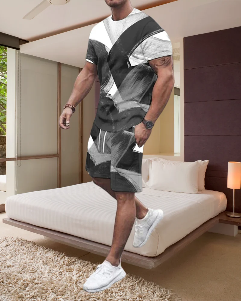 

Summer Hot Sale Primary Color Printed Men's Seaside Short-sleeved Shorts Casual Comfortable Simple Fashion Sports Two-piece Set