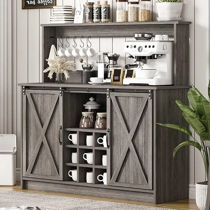

Farmhouse Coffee Bar Cabinet with Hutch and 6 Hooks, 47 Inch Wine Bar with Storage, Buffet Cabinet with Adjustable, Customized