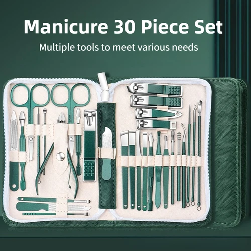 Imagen 1 del producto Juego de cortaúñas profesional de acero inoxidable, herramientas para uñas verdes, juego de manicura y pedicura, Kit de aseo de viaje, 30 Uds.