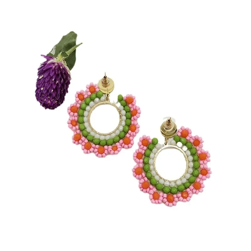 Beaded earrings Circle Flowers Colour Originality Graph Hand knitting Bohemia Alloy Tide Simple Rice bead earrings