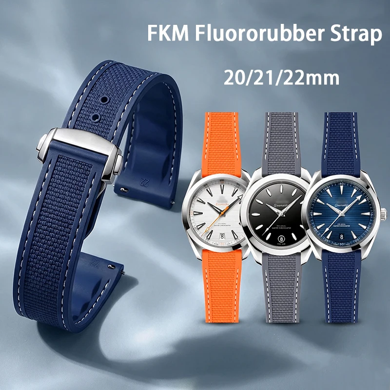 FKM Folding Buckle Strap 20mm 21mm 22mm Quick Release Fluoro Rubber Diving Sport Watch Bracelet Band for Omega Seamaster 150 300