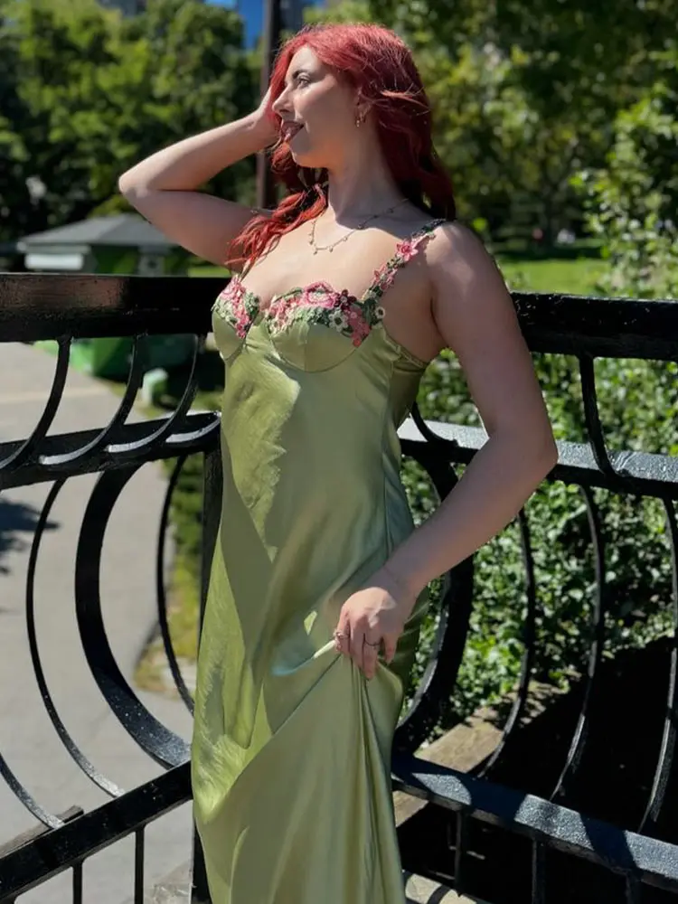 

Satin Slip Women Dress Spaghetti Strap Floral Hem Midi Dress Elegant Formal Evening Party Outfit Slimming Chic Dresses Ladies