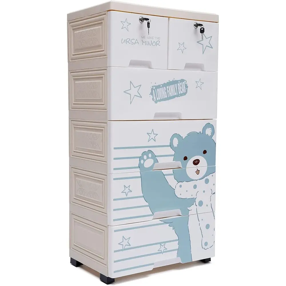 Plastic Drer or Kids with 6 Ders, 5-Tier Storage Cabinet with 2 Lockable Ders, Rolling Toy & Clothes Organizer with Wheels, Nurs