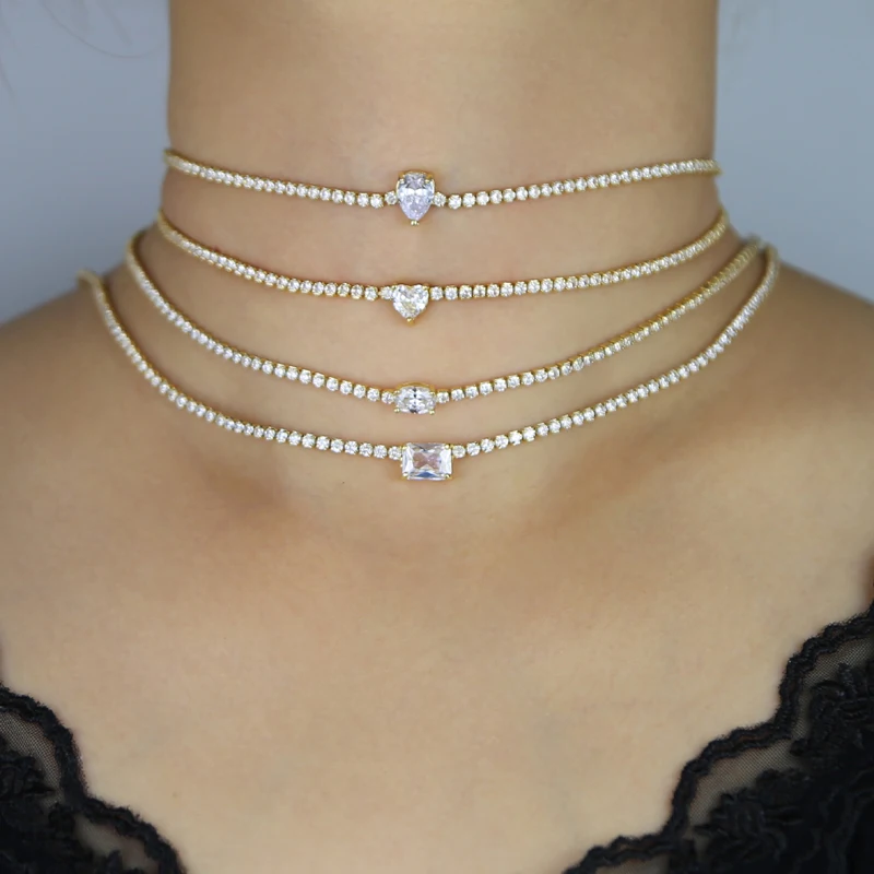 Multishape Cz Choker Necklaces Iced Out Full Bling 5A Zirconia Gold Silver Color Tennis Chain Necklace for Women Fashion Jewelry