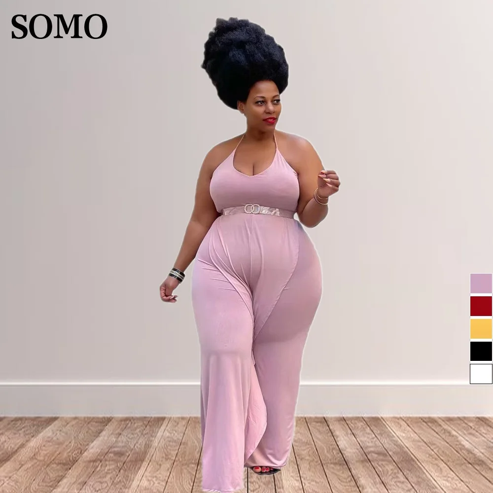 SOMO Plus Size Solid Color Sexy Halter Jumpsuits Women Clubwear Backless Bandage Rompers Without Sashes Wholesale Dropshipping