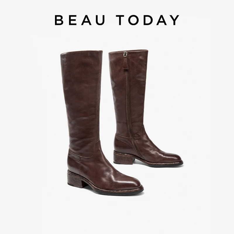 BEAUTODAY Genuine Leather Long Boots Women Horse Leather Riding Boot Round Toe Back Zip Ladies Knee High Shoes Handmade 01400