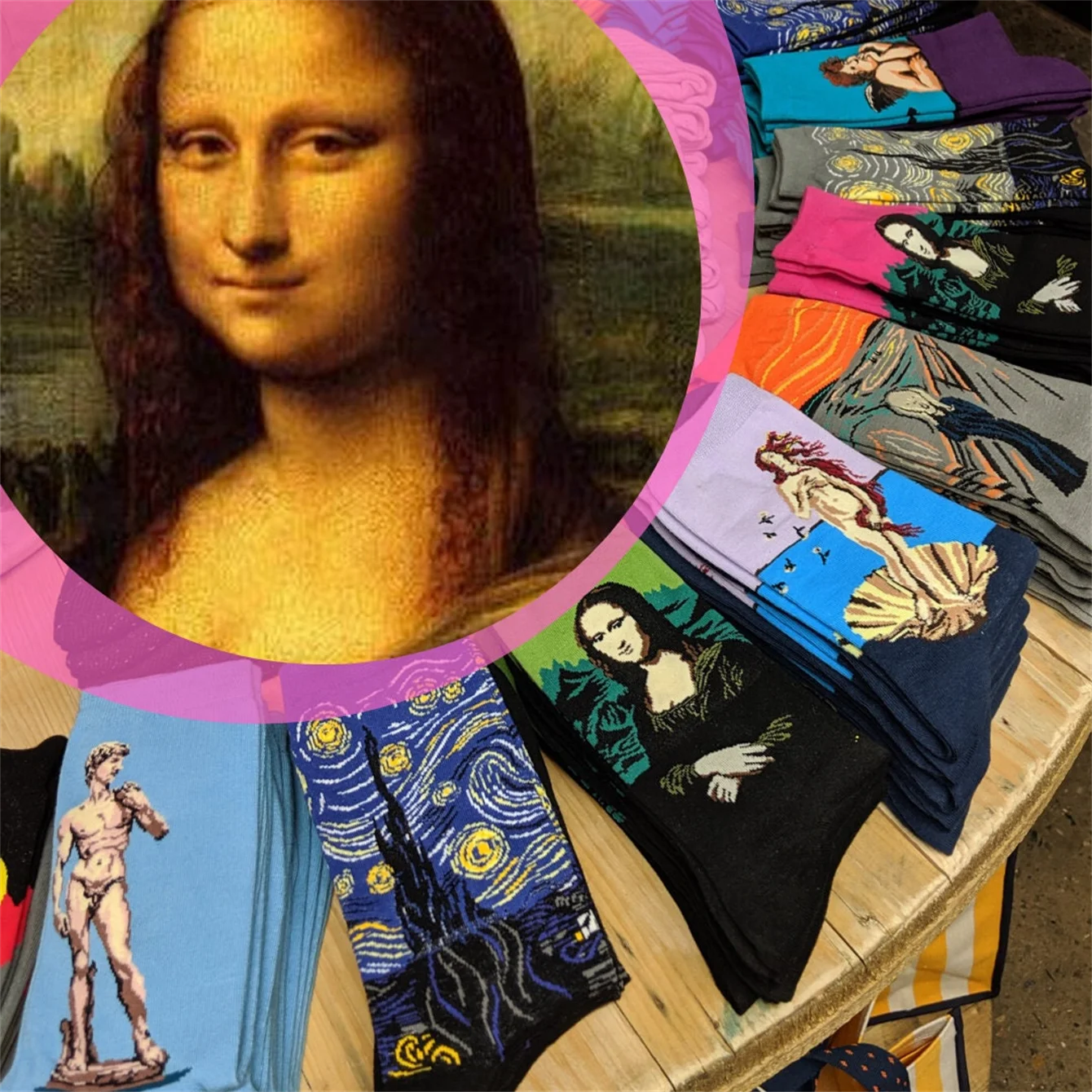 1 Pairs Men\'s Socks Mona Lisa Starry Night Art Oil Painting For Christmas Gift Harajuku Happy Funny Causal Cotton Socks