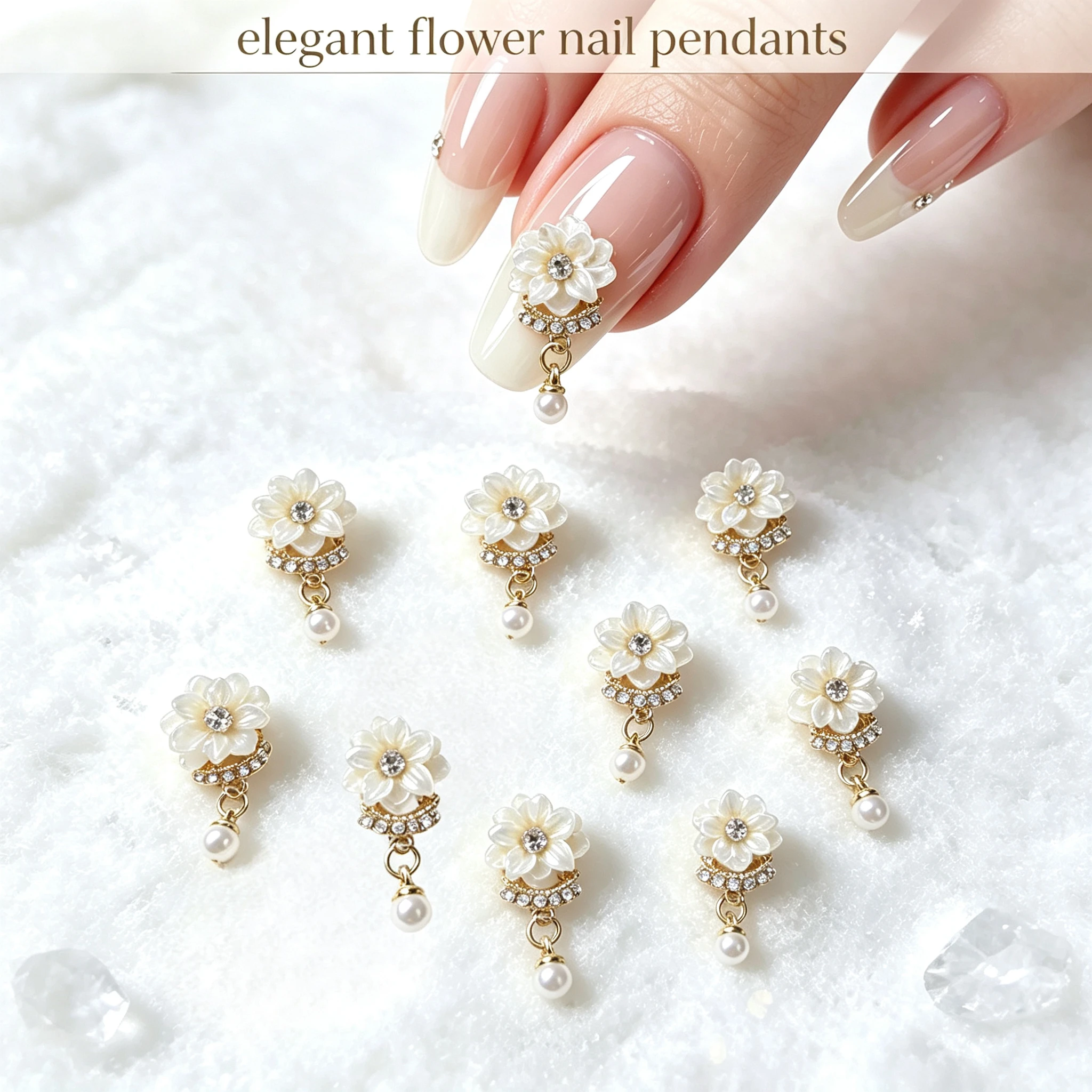 10Pcs Flower Nail Dangle Charms, Golden White Floral Nail Pendants with Pearl Rhinestone, Bling Dangling Charms for Nail Art