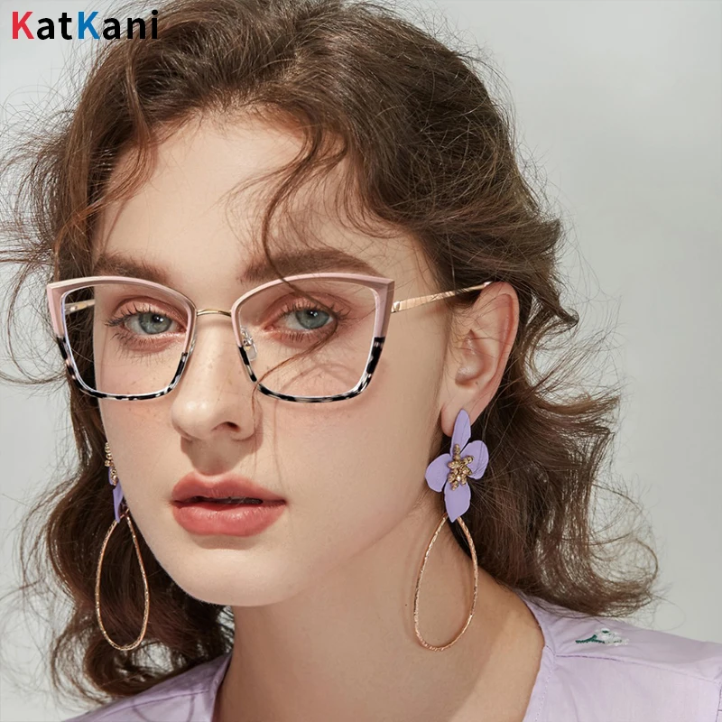 KatKani Fashion Women's Cat Eye Glasses Trend Blue Light Blocking Optical Prescription Spring Legs Alloy Eyeglasses Frame 87258