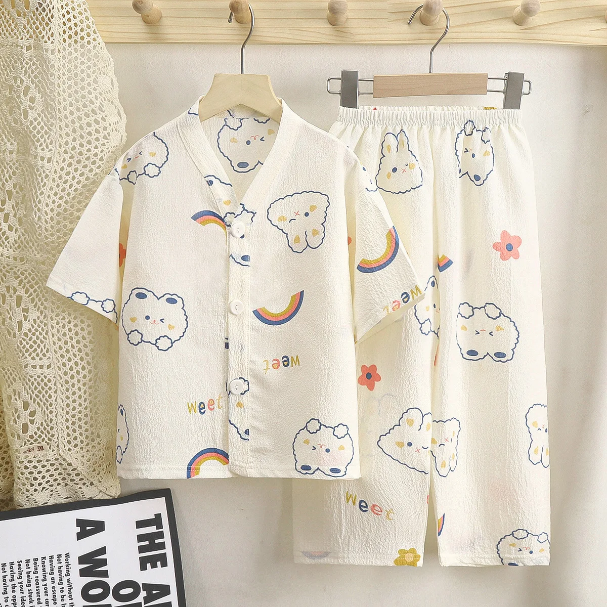 New 2024 Summer Kids Thin Pajamas Boys Girls Cartoon V-neck Short Sleeve Shirt Top + Pants Casual Clothes Sets Baby Loungewear