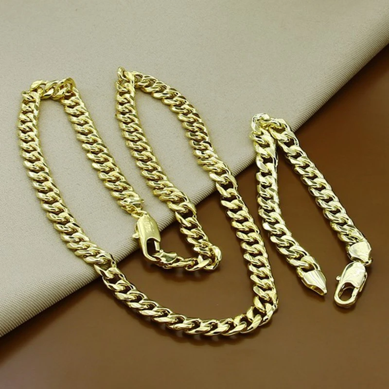

24k Gold Men Cuban Chain Necklaces Bracelet Set Hip Hop Jewelry Wholesale Gold Color Long Big Chunky Necklace