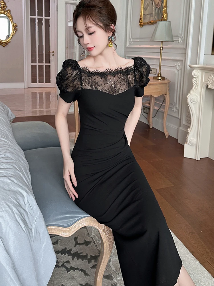 フランスのファッションデザイン宴会ドレス女性エレガントなレトロ黒薄手のレースのパッチワークスパンコールひだボディコンローブファムパーティー Vestido