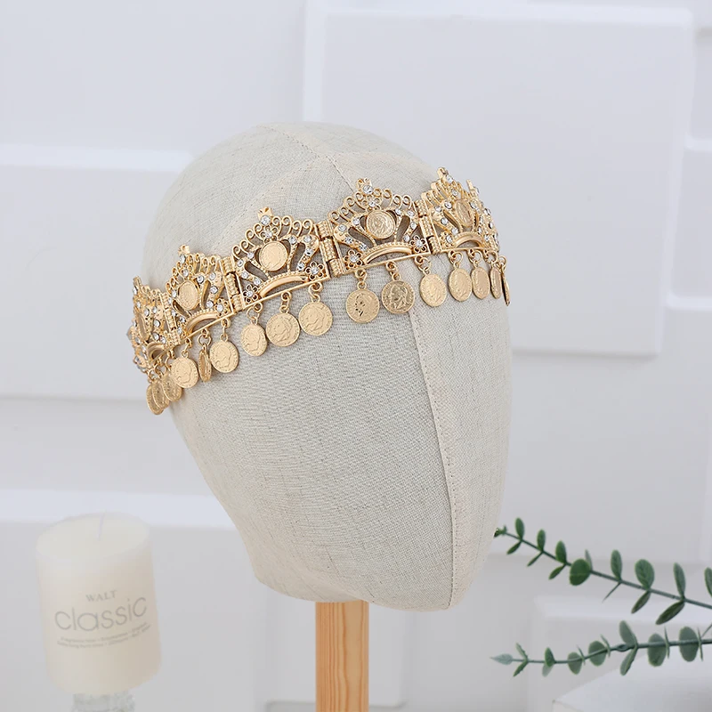 Moroccan Women Hair Ornament Gold Plated With Rhinestones Crown Style Turkish Coin Arabic Headchain Wedding Party Valentine Gift