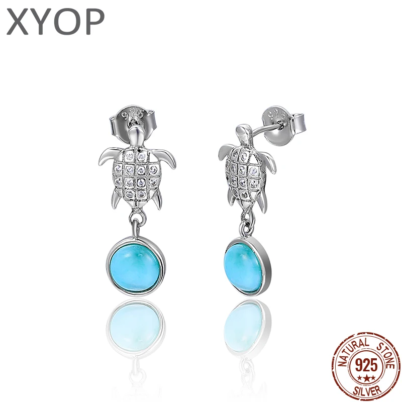 XYOP 2026 Natural Larimar Sea Turtle Zircon Earrings 925 Sterling Silver Jewelry for Women Birthday Party Gift