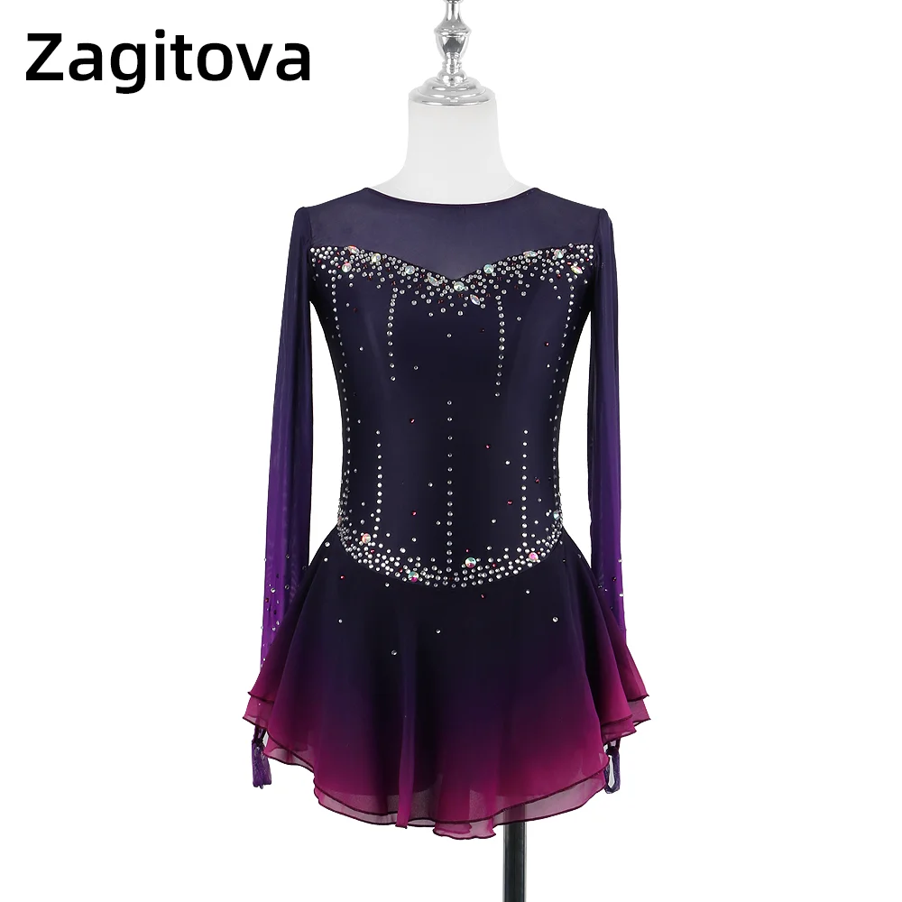 Zagitova vestido de patinaje artístico para mujer y niña, ropa de patinaje sobre hielo sin mangas, púrpura Gradual, sin espalda, diamantes de