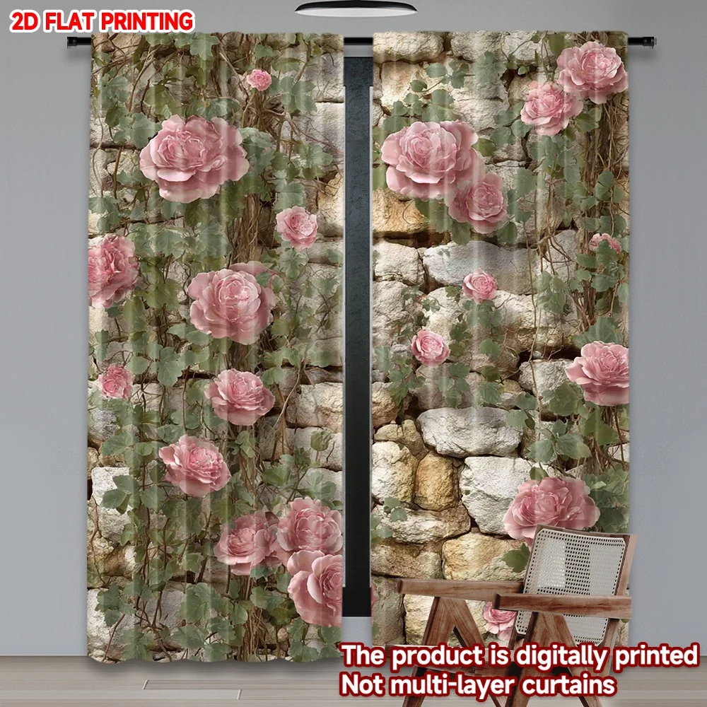 

2D плоская цифровая печать, 2 шт., шторы для окон с розами на каменной стене, полиэстеровые занавески с цифровой печатью, праздничные украшения для дома
