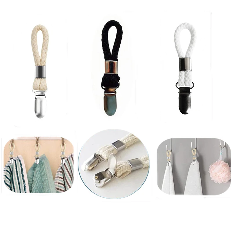 Bathroom Towel Clips Braided Multipurpose Cloth Hanger Cotton Loop Towel Clip Metal Clamp Kitchen Home Storage Organizer