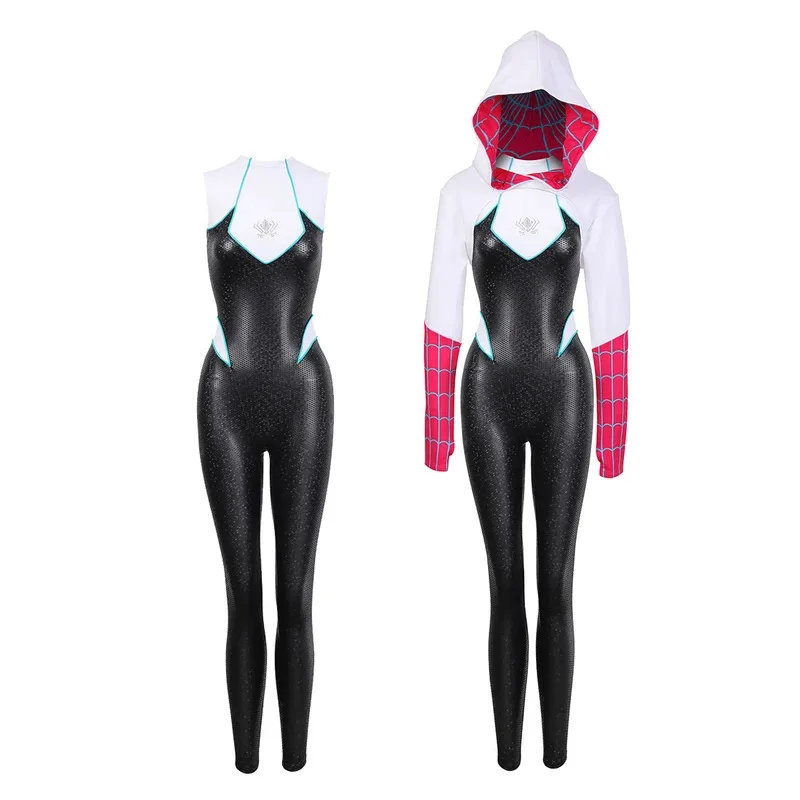 CyAnime Gwen of Spider-Women Cosplay Costume Gwen Jumpsuit Cosplay Mask and headgear Halloween For Comic Women Leather Bodysuit