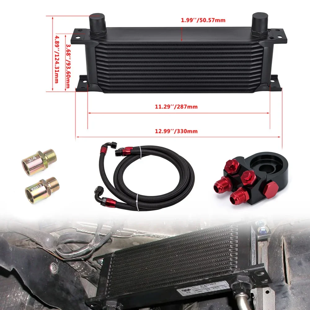 Universal 13 Rows Engine Oil Cooler Kit + Oil Filter Sandwich Adapter + Nylon Stainless Steel Braided An10 Hose Car Accessories