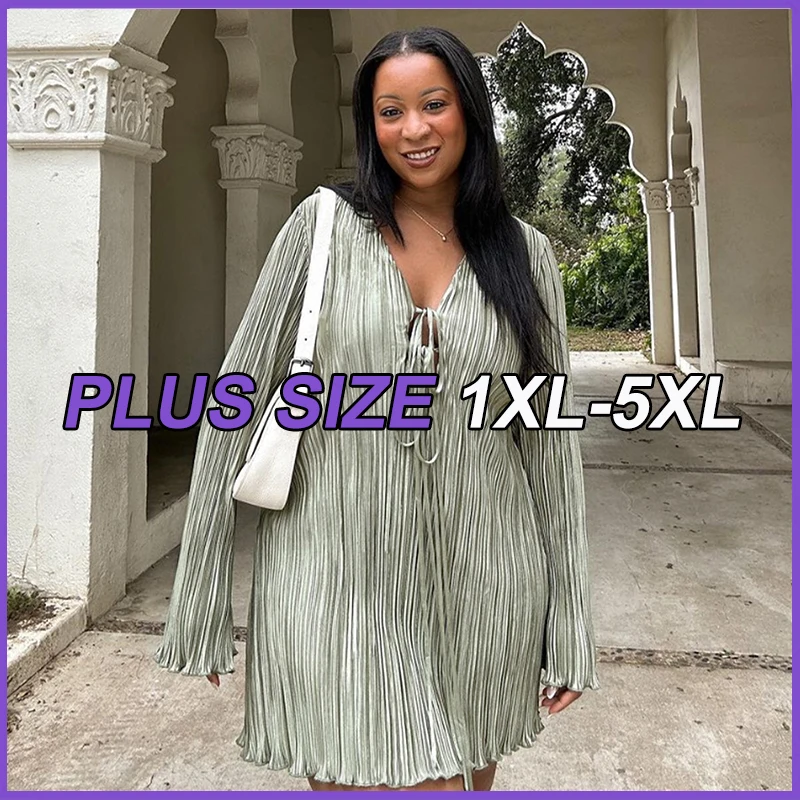 

Summer Plus Size Dresses For Women Solid Color V-Neck Long Sleeved One-Piece Frocks 4XL 5XL Lady Elegant Slimming Mini Dress