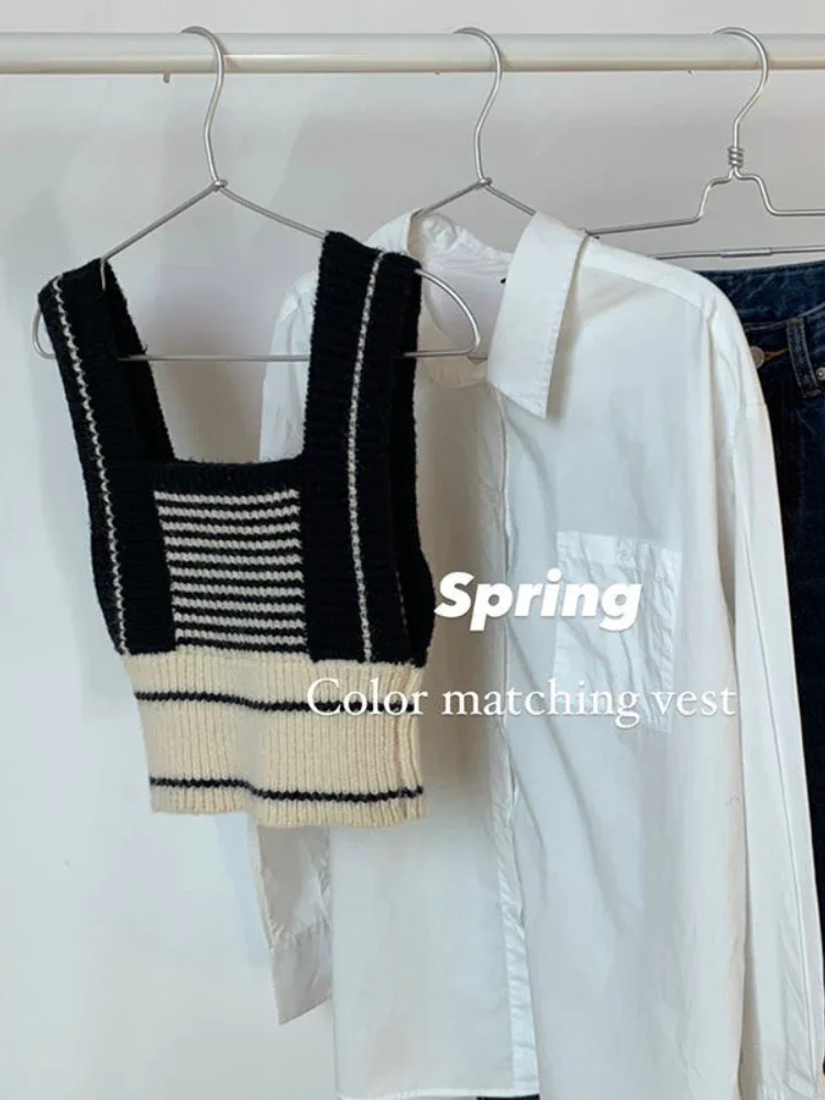 Korean Chic Elegant Sweater Vest Women Vintage Gilets Sans Manches College Style Hit Color Patchwork Striped Coat Chaleco Mujer