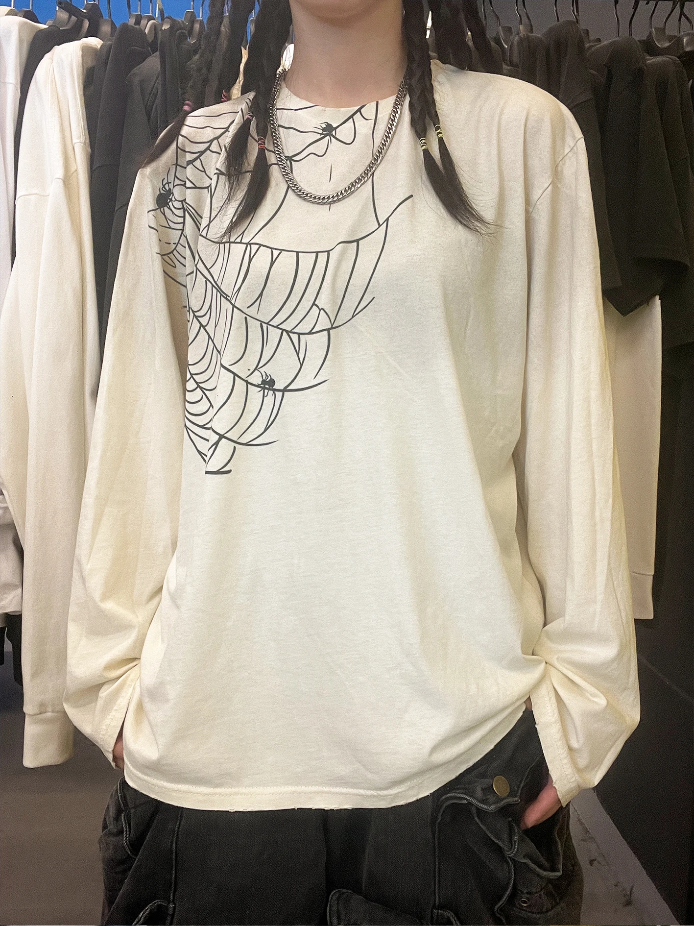 wang-studio-80g-ダーティロング-tシャツ-ストリート-レトロ-スパイダーウェブデザイン-ユニークスタイル-高品質-ファッション-カジュアルウェア