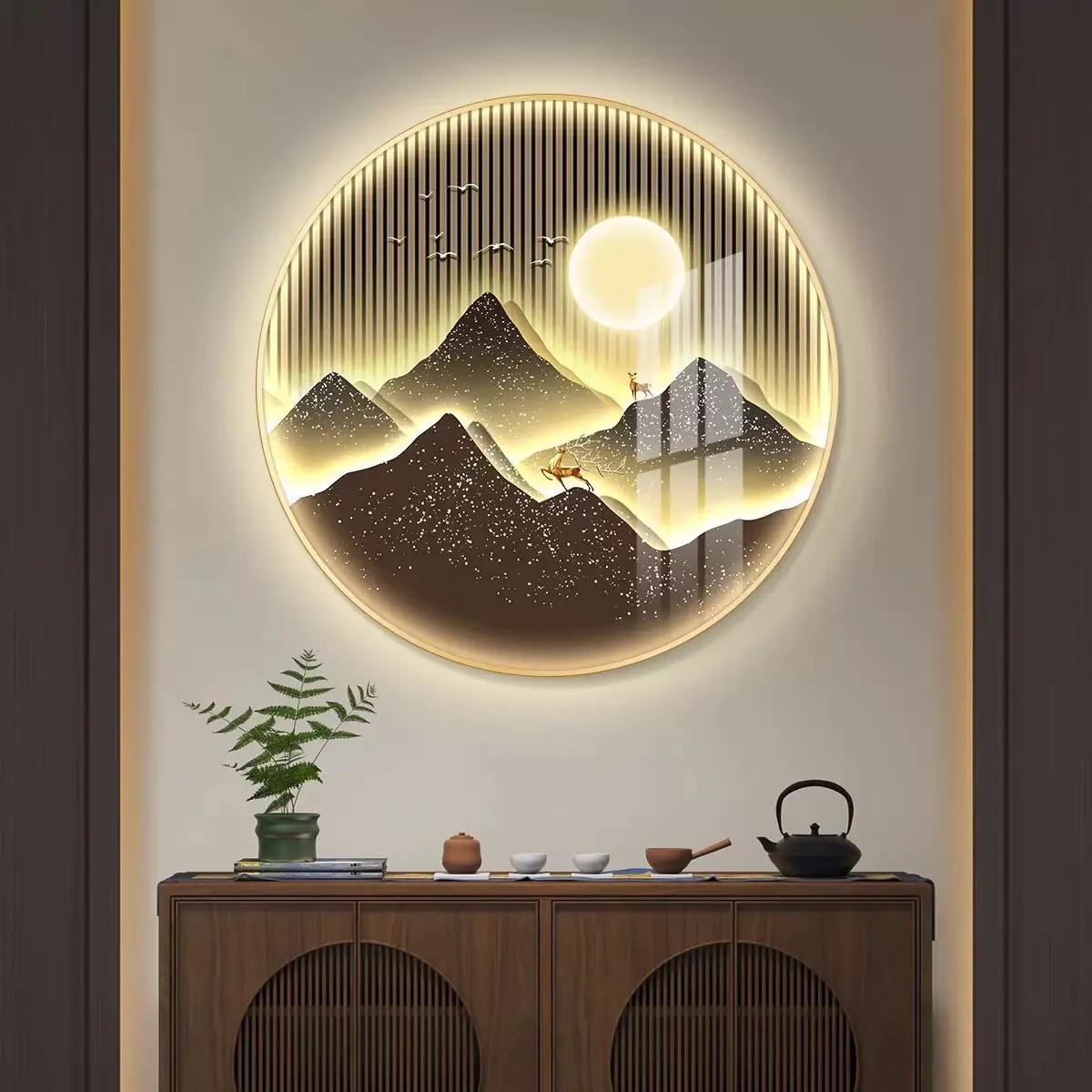 

220V LED Lamp Decorative Painting Chinese Style Hanging Painting Entrance Hallway Tea Room study Mural Painting With Alloy Frame
