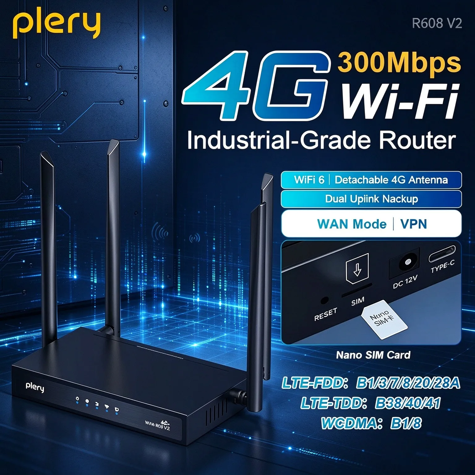 Plery 4G Router CAT4 300Mbps LTE Router WAN/LAN WIFI6 Wireless Router DC Power VPN/Firewall 6*5dBi Antennas Supports 16 Devices