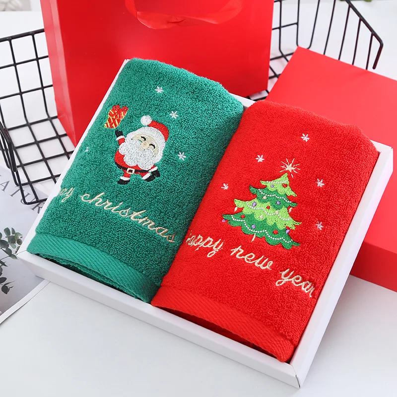 Juego de toallas de baño de 2 uds., forro polar Coral, microfibra absorbente, árbol de Navidad, bordado de Papá Noel, baño facial, regalos de Navidad, algodón 34*73cm