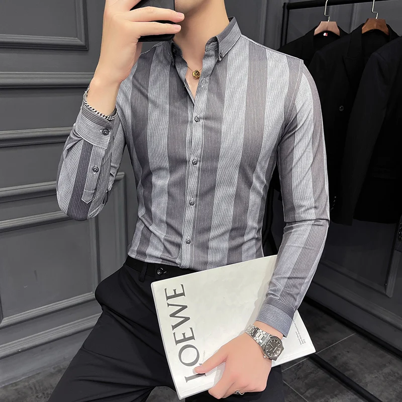 Autumn New High Quality Striped Shirt Men Luxury Slim Fit Business Casual Shirt Formal Men Long Sleeve Party Prom Clothing Homme