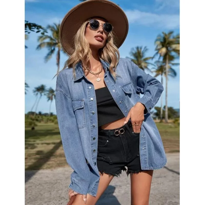 طقم دينم جديد عبر الحدود من قماش الدنيم المترهل irt للنساء Faion ort Sve Fce مبطن بطول الكتف irt #1