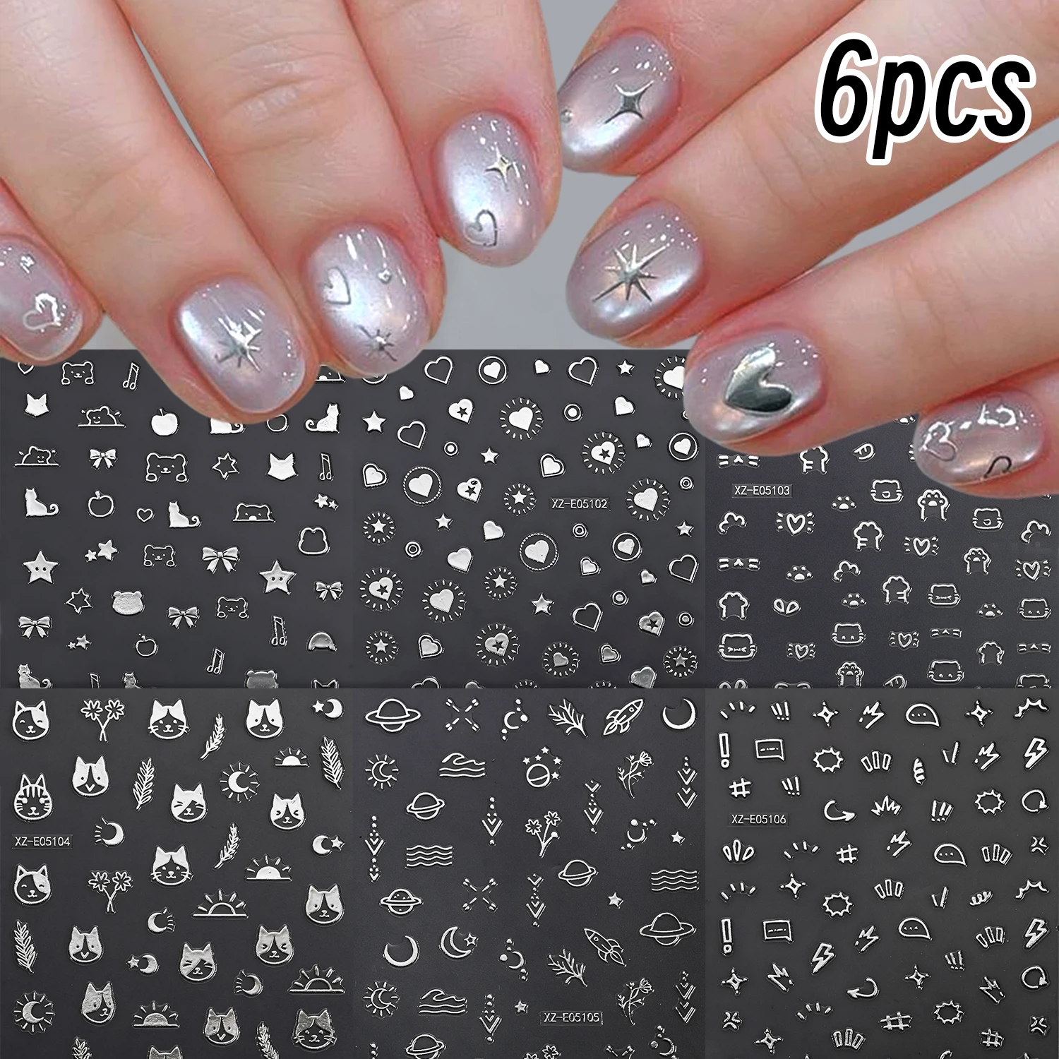 6 unidades de pegatinas 3D Kawaii con diseño de gatitos, estrellas plateadas, lunas, lazos y corazones, autoadhesivas, para decorar las uñas, con efecto bronceado.