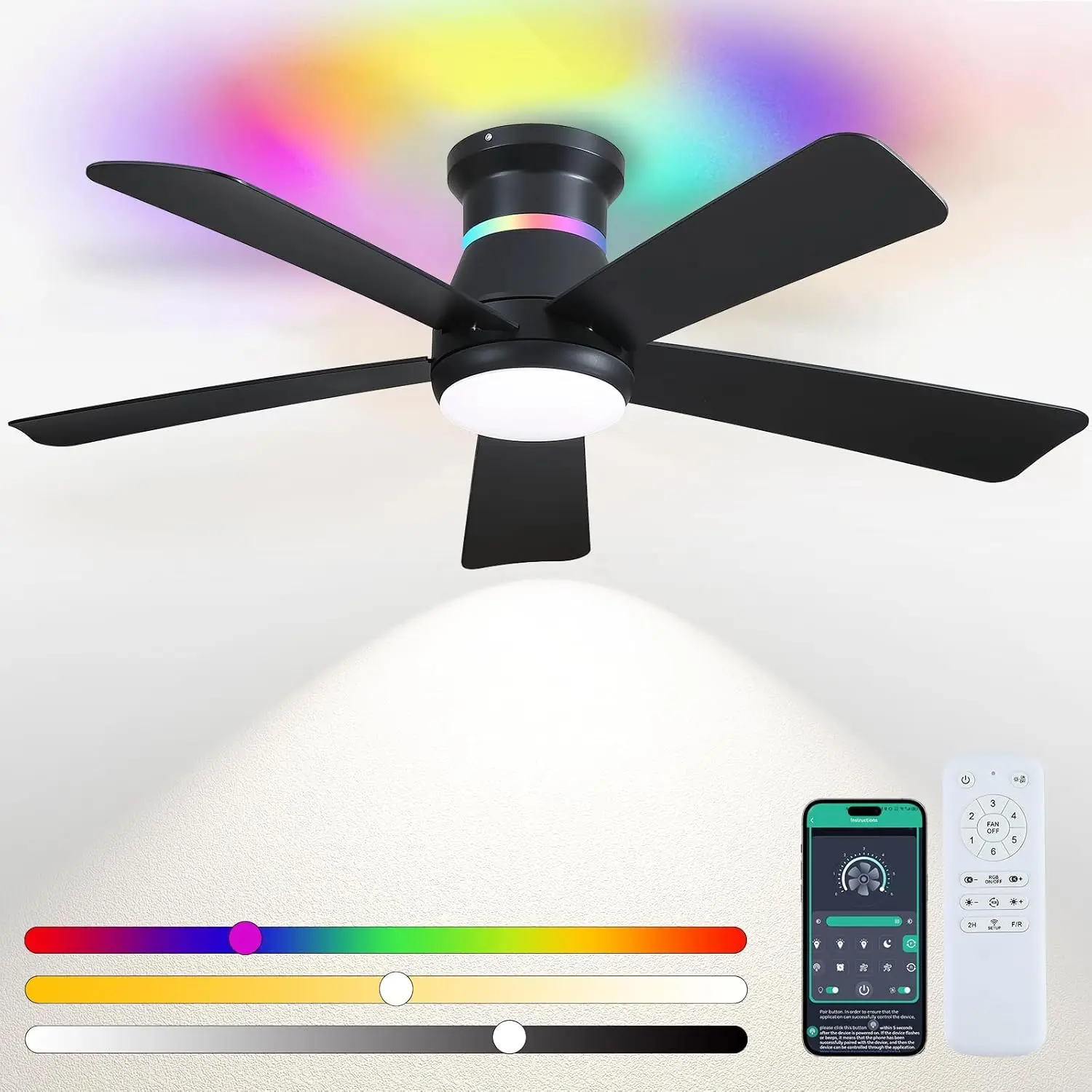 

46-дюймовый черный потолочный вентилятор с RGB-подсветкой, светодиодный, с регулировкой яркости, низкопрофильный, для вечеринок в помещении/на улице