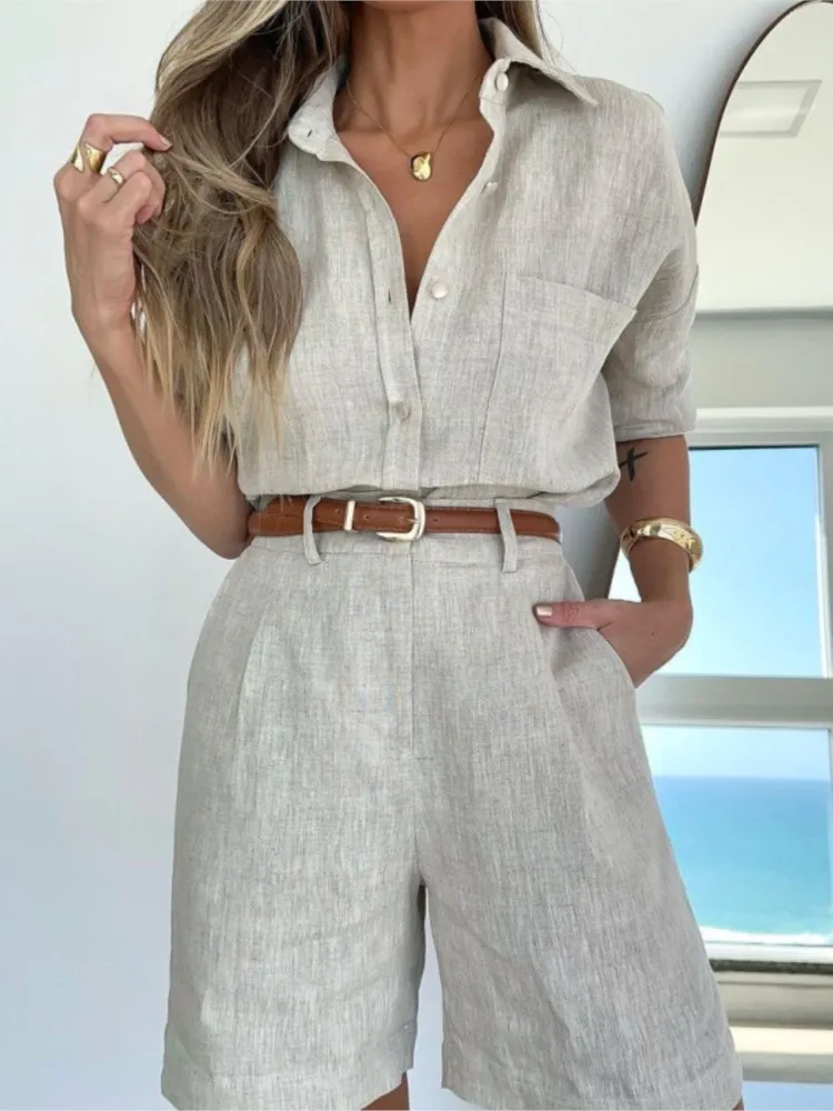 Casual Loose Short Sets Women Summer 2024 Fashion Long Sleeve Shirts Tops Belt Shorts 2 Piece Sets Simple Style Two Piece Suits