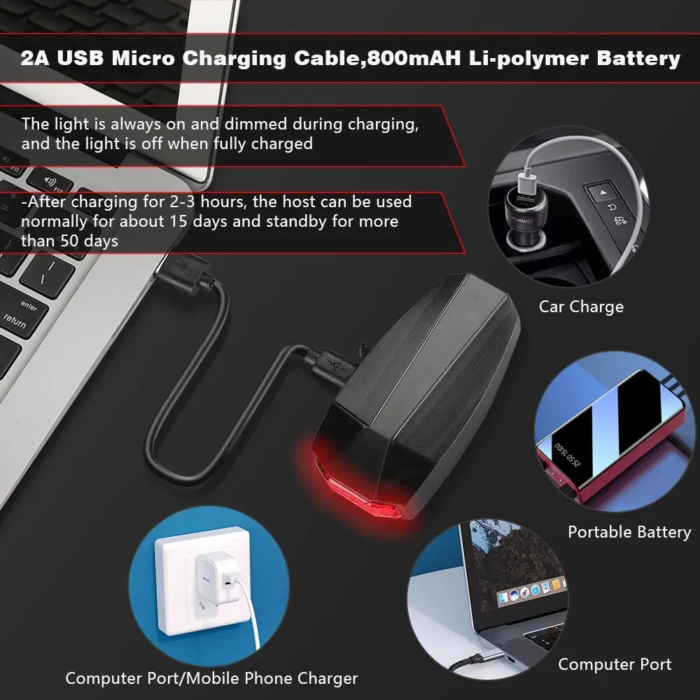 دراجة لاسلكية للماء الضوء الخلفي ، إنذار ضد السرقة ، شحن USB ، جهاز التحكم عن بعد ، الصمام الخلفي ، مكتشف الدراجة