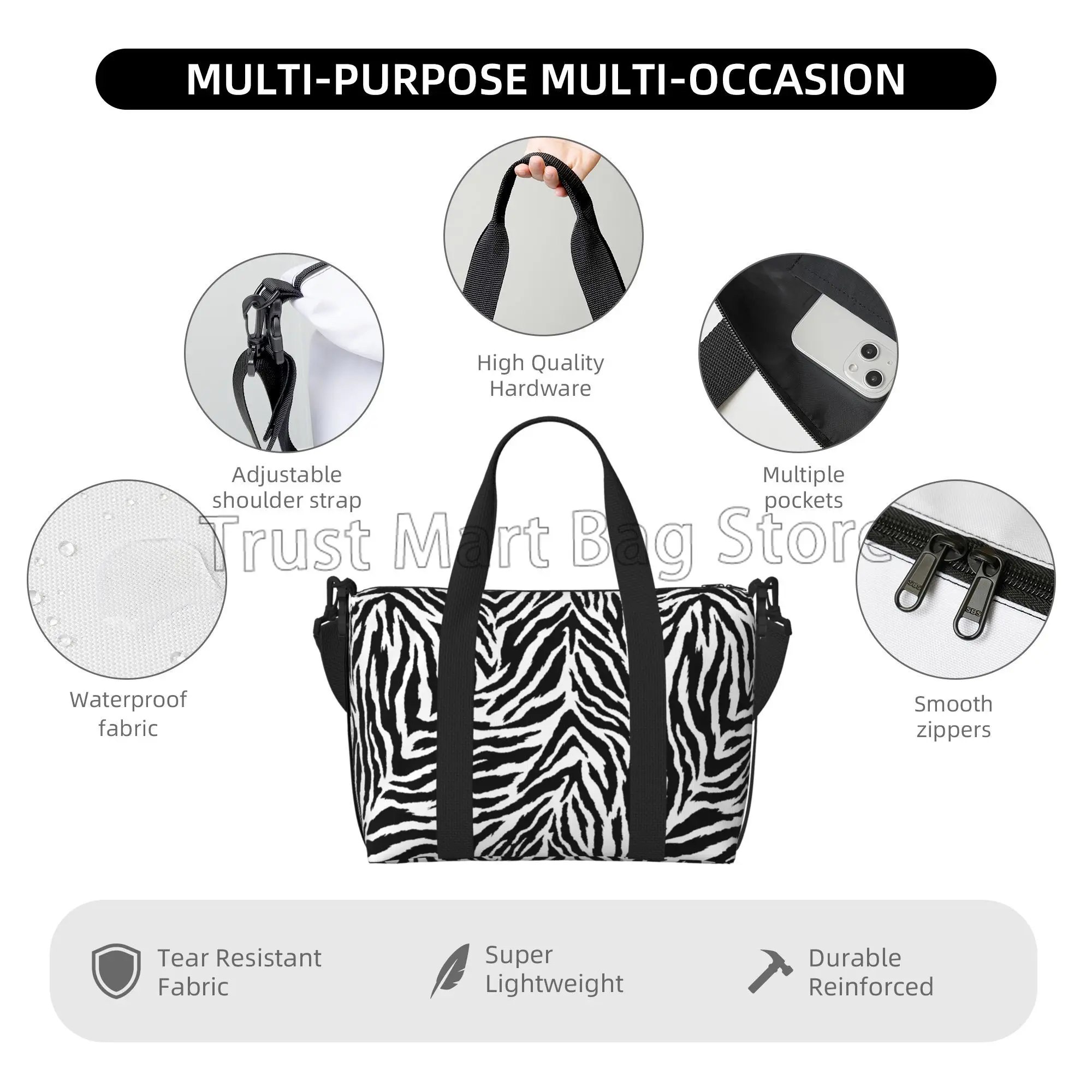 Zebra Stripes Pattern Travel Duffel Bags Unisex Waterproof Sports Gym Handbags Overnight Weekender Luggage Bag for Work Travel