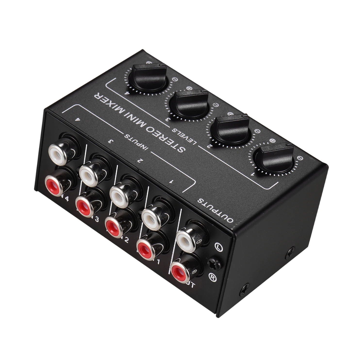 Mini Stereo Mixer Audio, 4-Channel RCA entradas, controles de volume separados, Full Metal Shell
