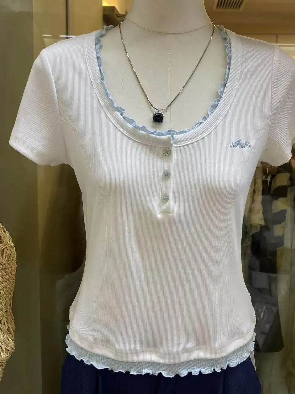 Sweet Summer Short Sleeve T-Shirt Women's Slim Fit Color Block Short Style Top Spring New Style Versatile Fake Two-Piece Shor...