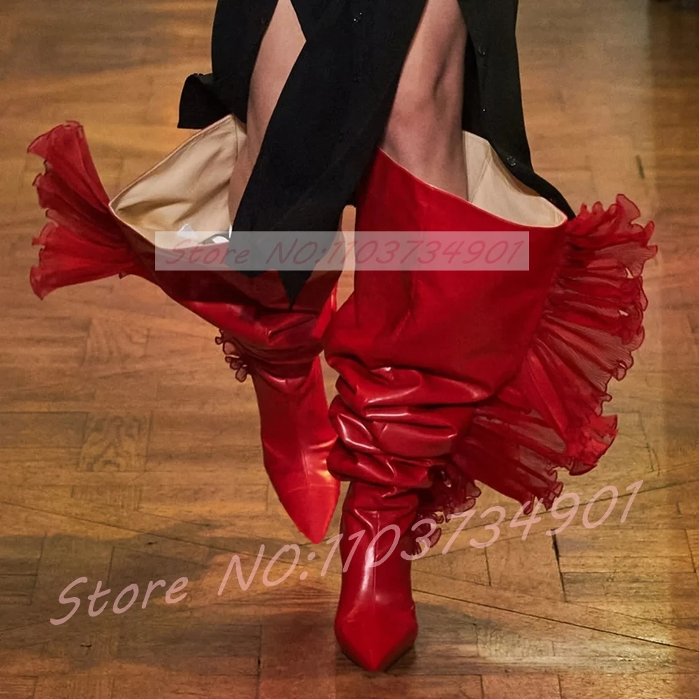 Ruffles Tulle Slouchy Sock Style Boots Women Block Heels Pointed Toe Knee High Boots Ladies Runway Retro Fashion Footwear