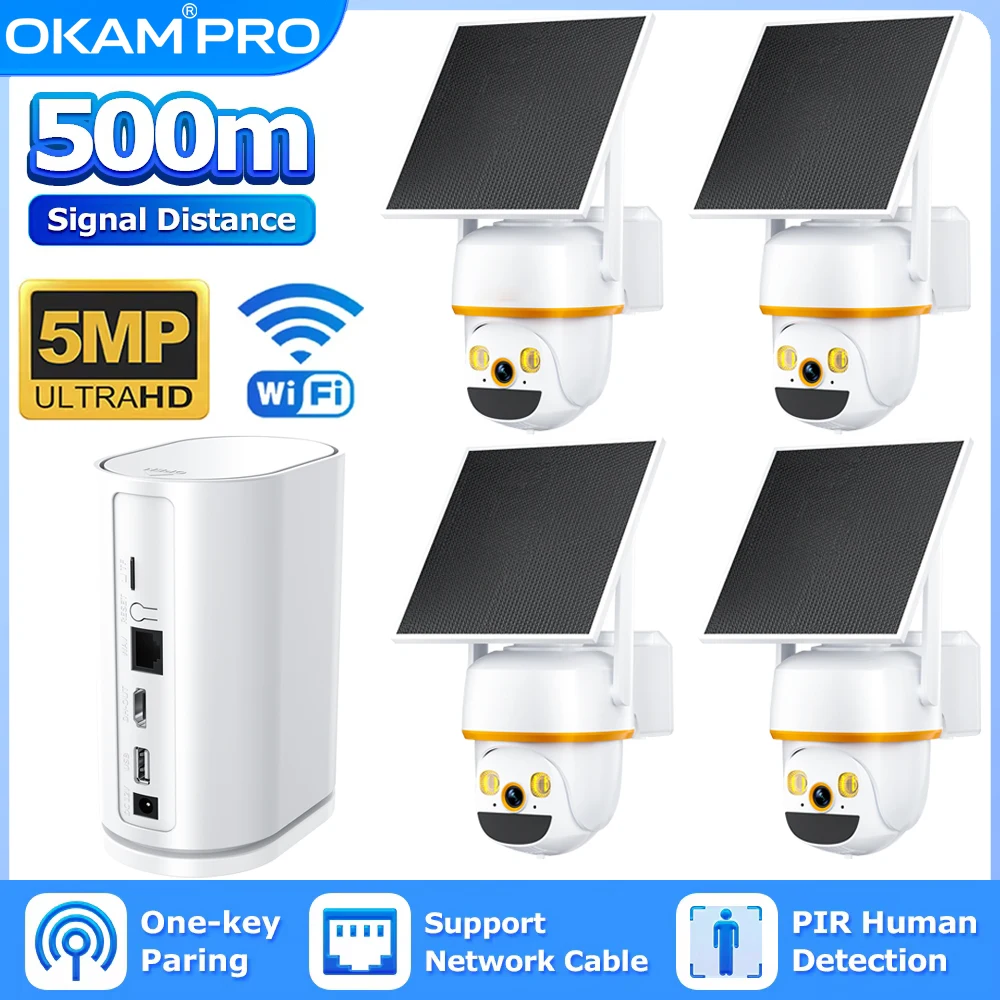 OKAM PRO Solar Camera Kit Outdoor Wireless WIFI Camera HD 5MP 5X ZOOM Mobile Tracking Night Vision AI Detection Two-way Intercom