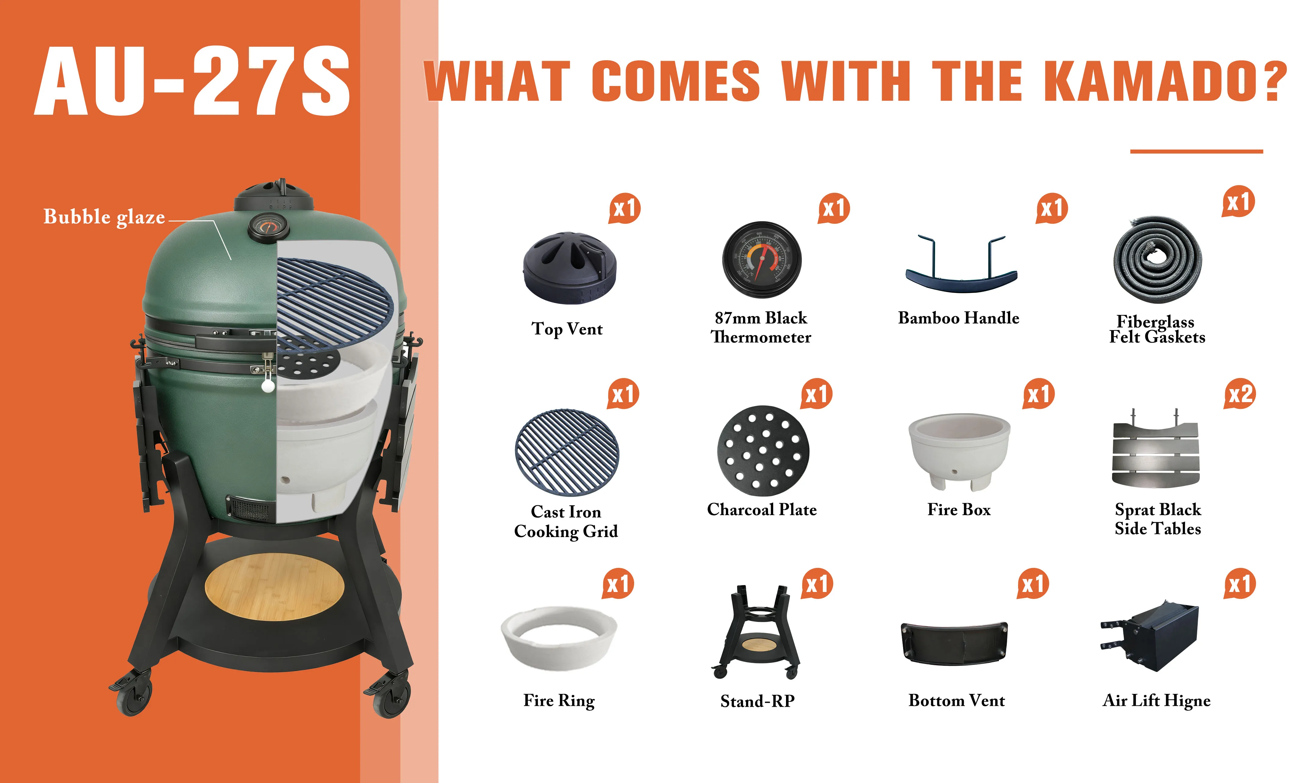 Auplex HOT 27-Inch Pro New Arrival Highest Modern Kamado Outdoor Kitchen Smoker Grill Heavy Base Ceramic Charcoal BBQ Camping