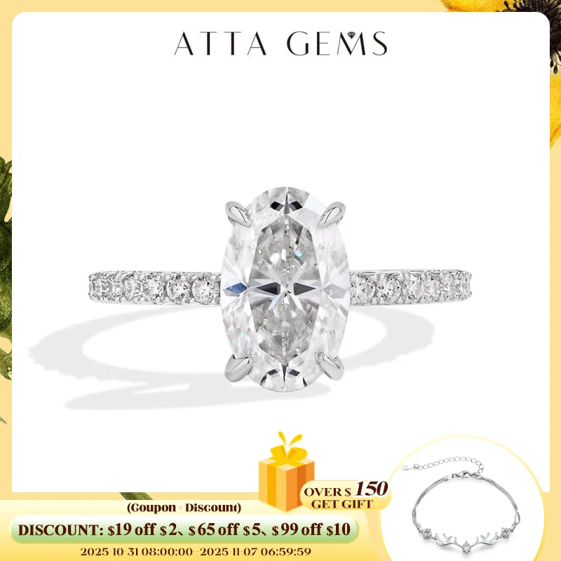 

ATTAGEMS Классическое кольцо с муассанитом овальной огранки 3,0 карата для женщин, стерлинговое серебро 925 пробы, позолоченное обручальное кольцо, ювелирные изделия