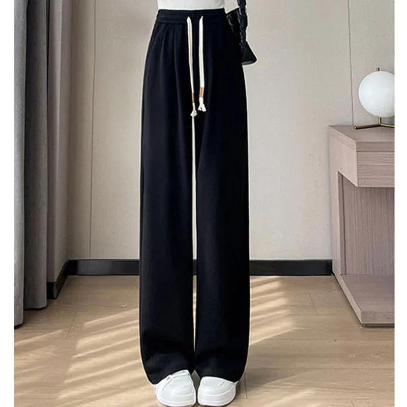 Autumn Women Cotton Elastic High Waisted Sweatpants Lady Solid Leisure Daily Wide Leg Straight Leg Trousers