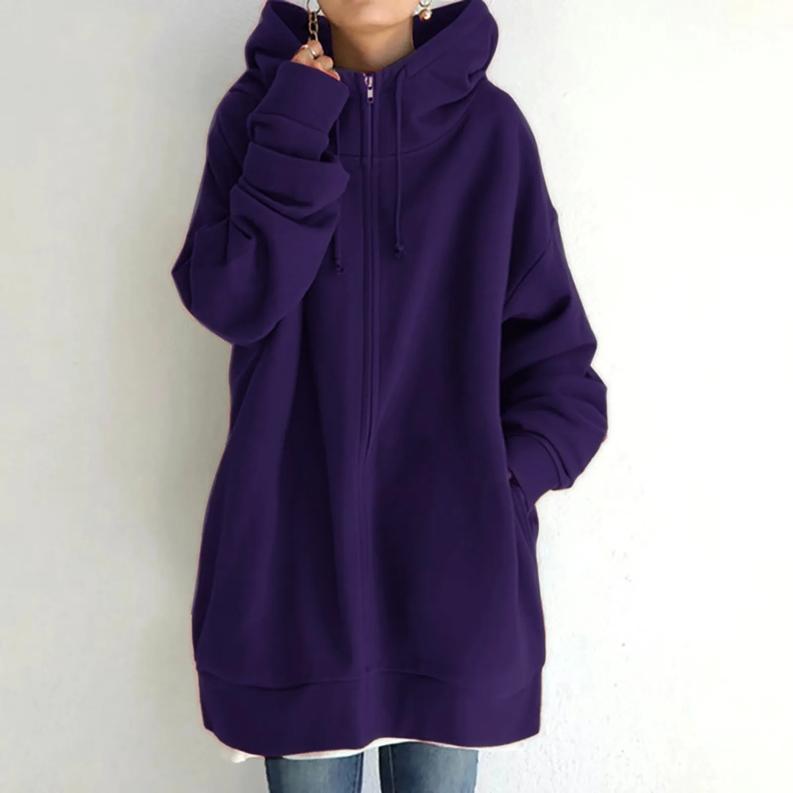 Winter Women Fleece Zip Hoodie Long Oversized Hooded Zipper Sweatshirts With Pockets Women\'s Tops