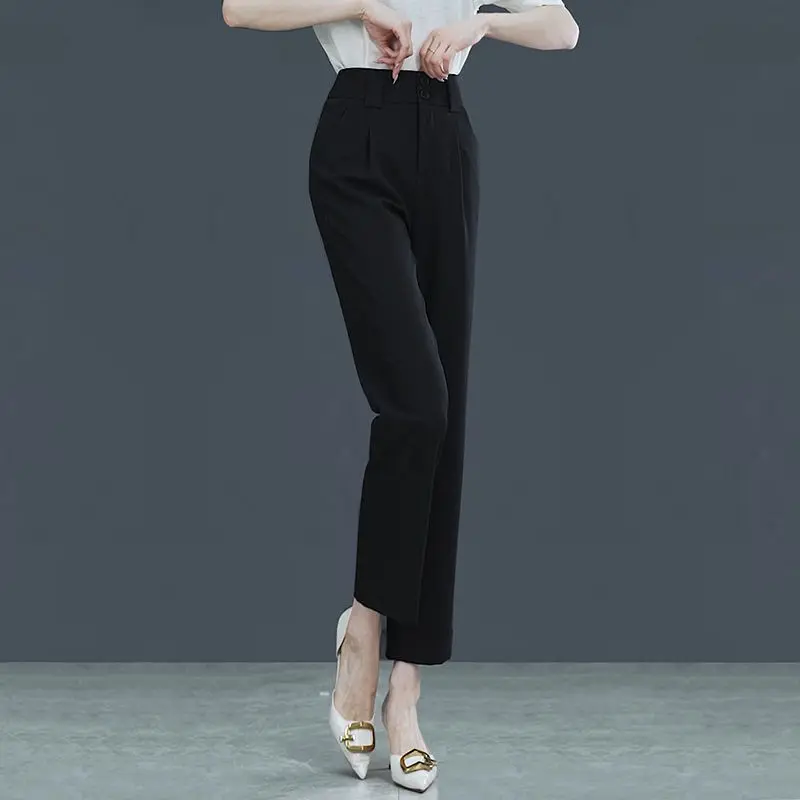 2023 Spring Summer Thin Smoke Pipe Pants for Women Office Lady Button Solid Pockets Casual Straight Leg Cropped Suit Trousers
