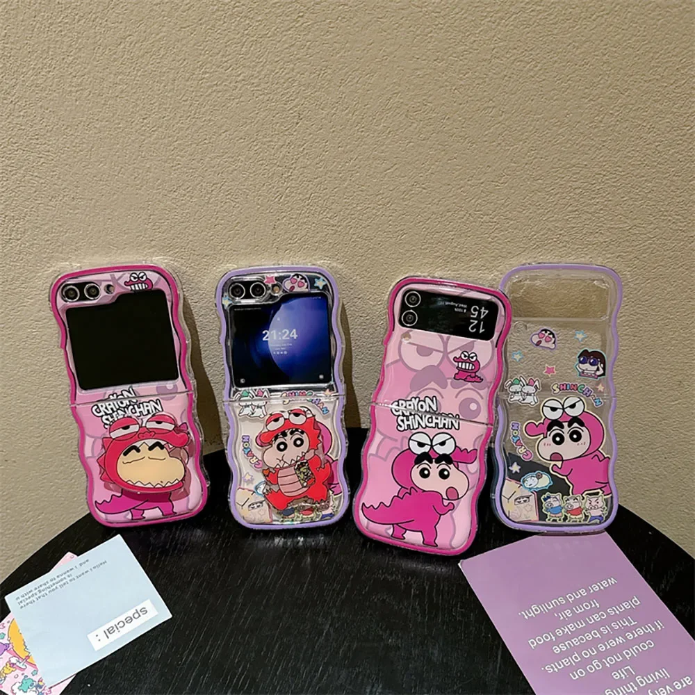 Cartoon S-Shin-chans With Bracket Phone Case for Samsung Galaxy Z Flip 3 4 5 Z Flip 6 5G PC Hard Anti-fall Back Cover Anti-fall